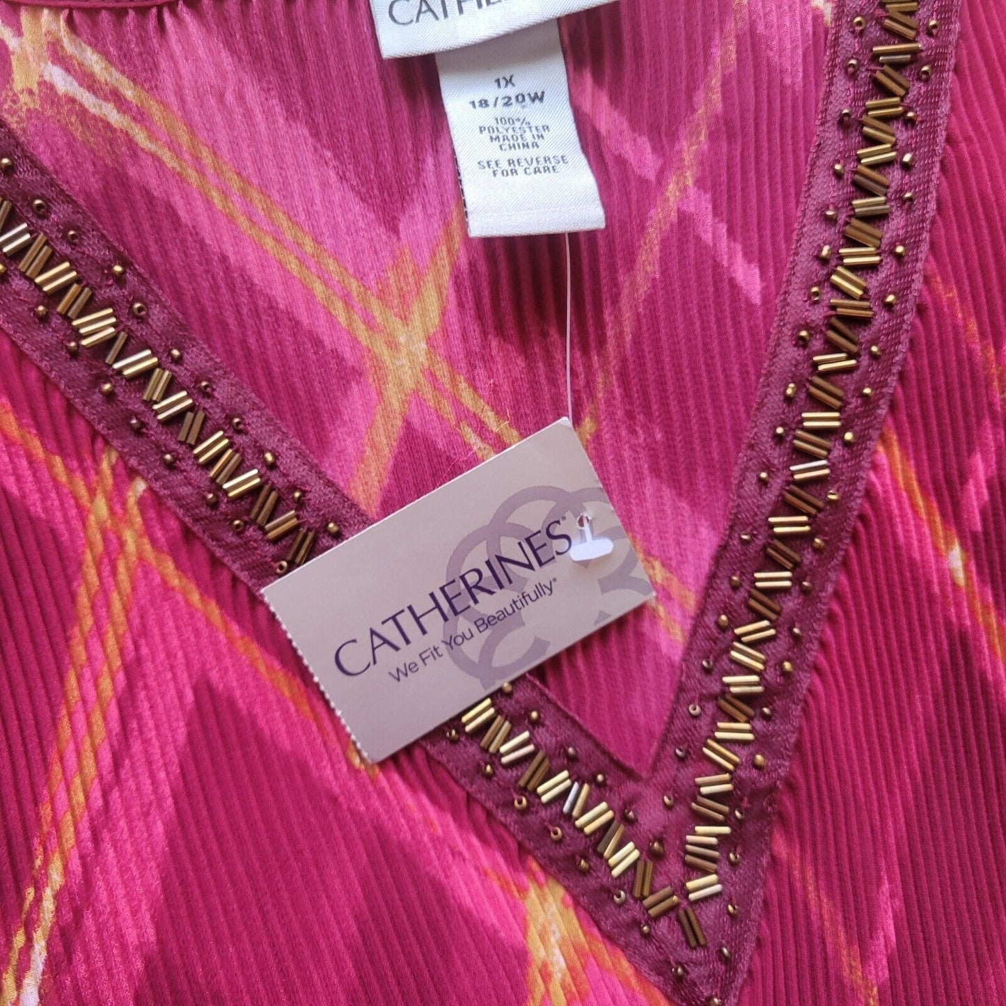 Catherines Womens Top 1X Tunic Bell Sleeve Red Pink Sheer Beaded Lightweight