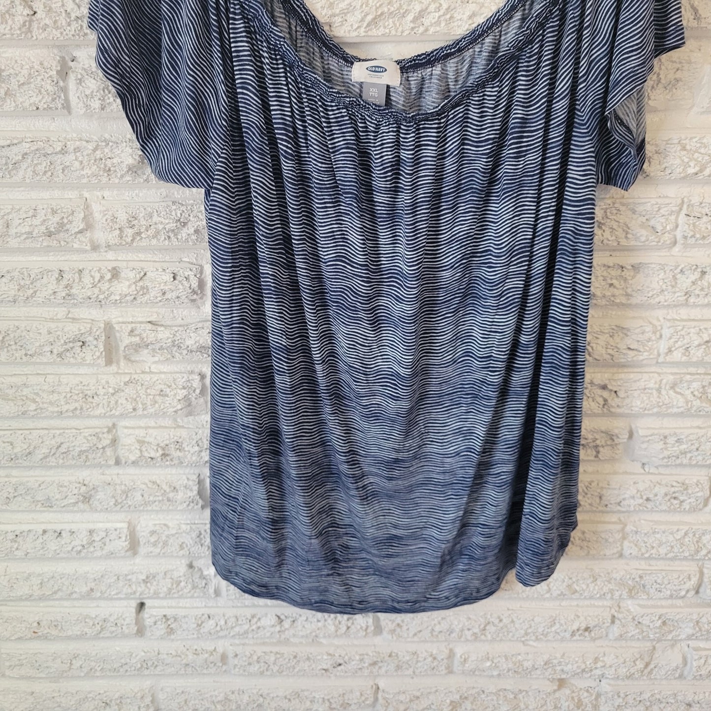 Old Navy Womens Top XXL Plus On Off Shoulder Blue White Stripe Lightweight