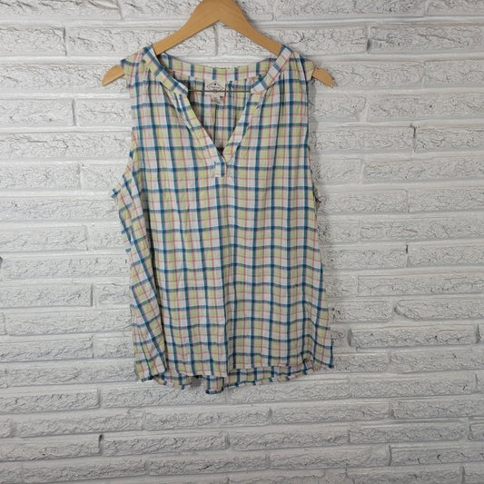 St Johns Bay Womens Top XXL Plus Sleeveless Blue Orange Plaid Casual Lightweight