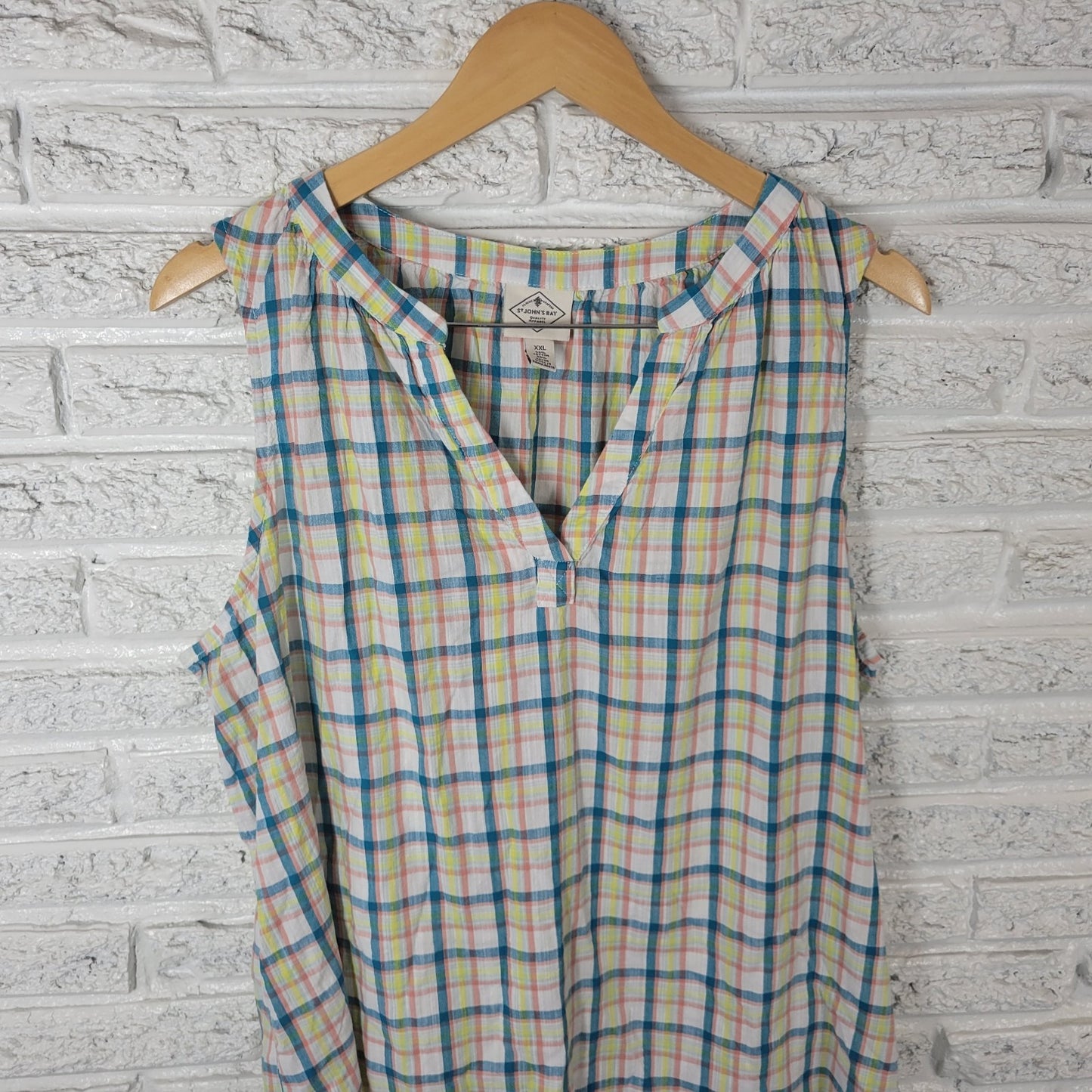 St Johns Bay Womens Top XXL Plus Sleeveless Blue Orange Plaid Casual Lightweight