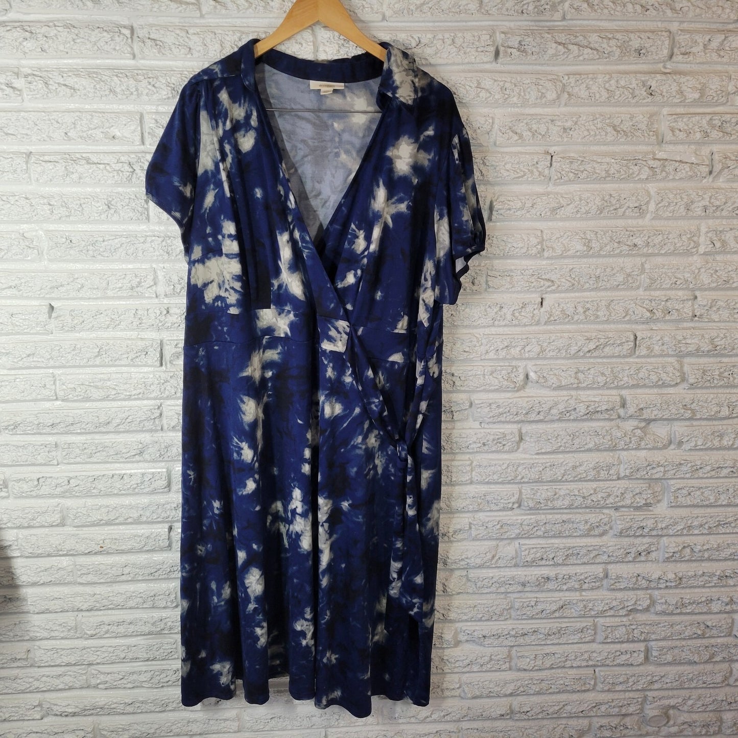 Dress Barn Womens Dress 22W Short Sleeve Blue Tie Dye Side Zip Poly Blend Sash