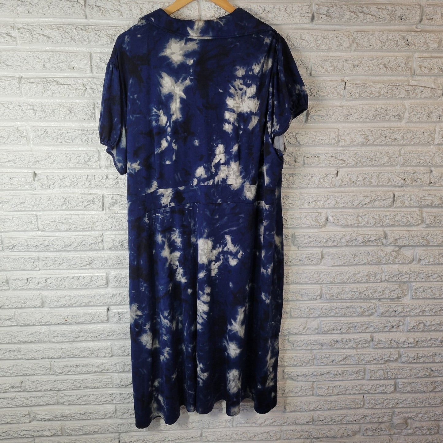 Dress Barn Womens Dress 22W Short Sleeve Blue Tie Dye Side Zip Poly Blend Sash