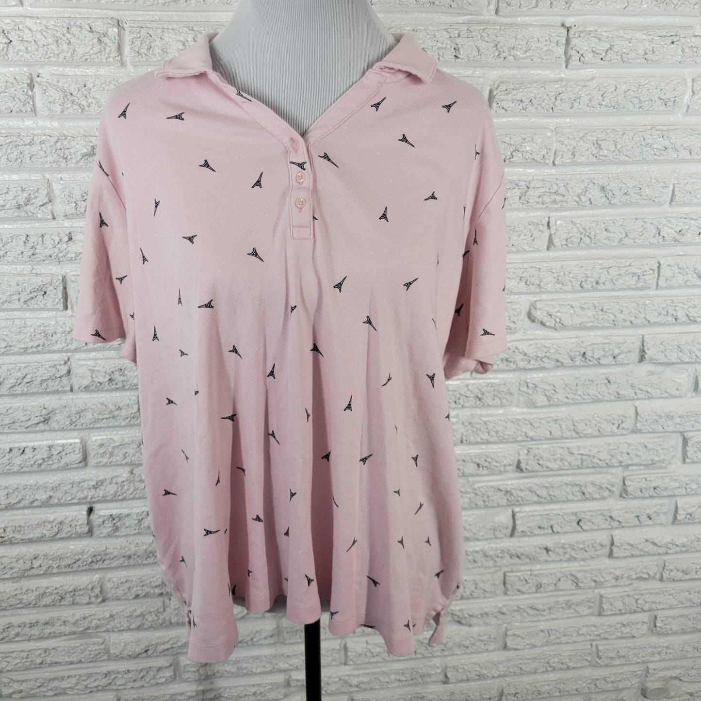 Croft Barrow Womens Top 2X Polo Eiffel Tower Paris France All Over Pink Cotton