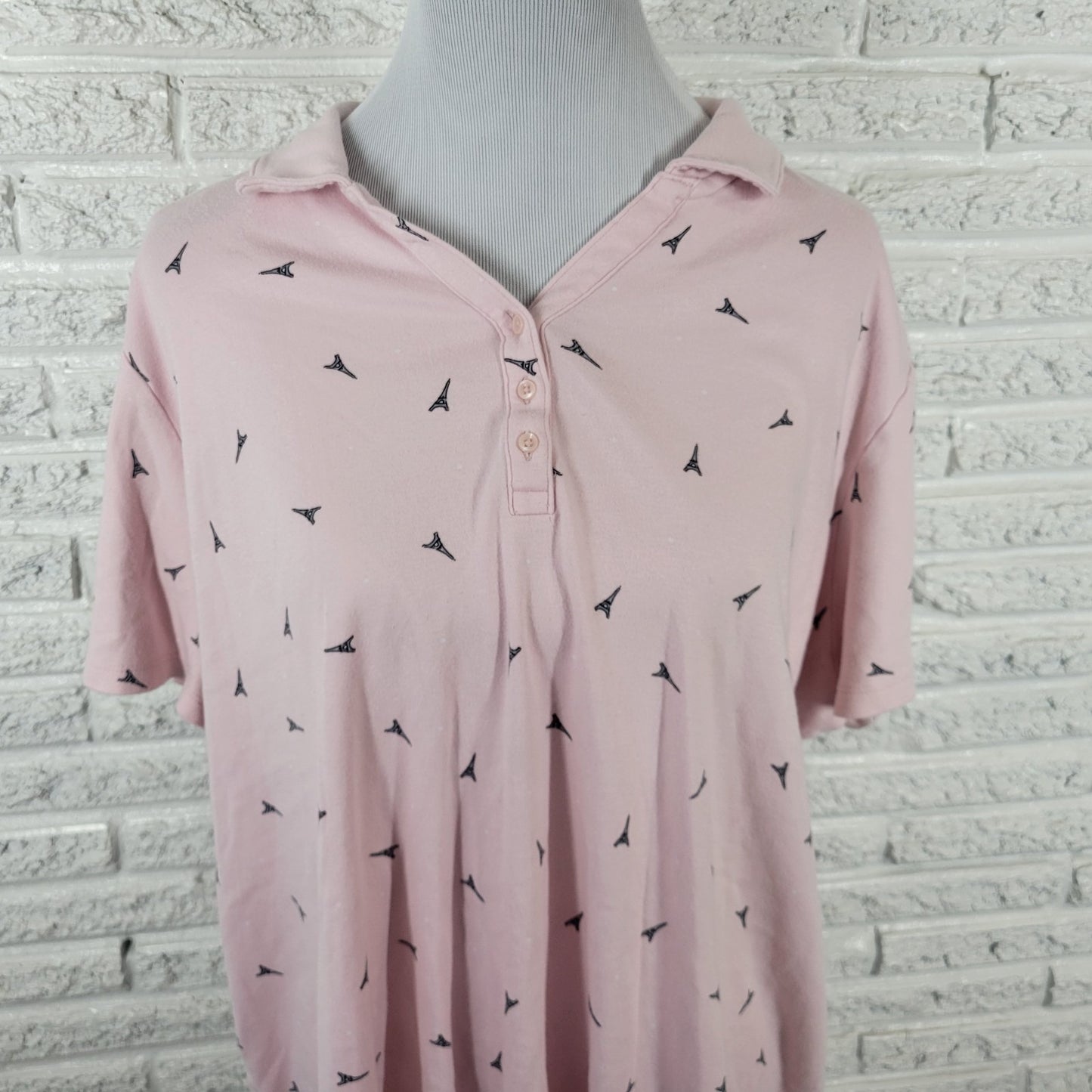 Croft Barrow Womens Top 2X Polo Eiffel Tower Paris France All Over Pink Cotton