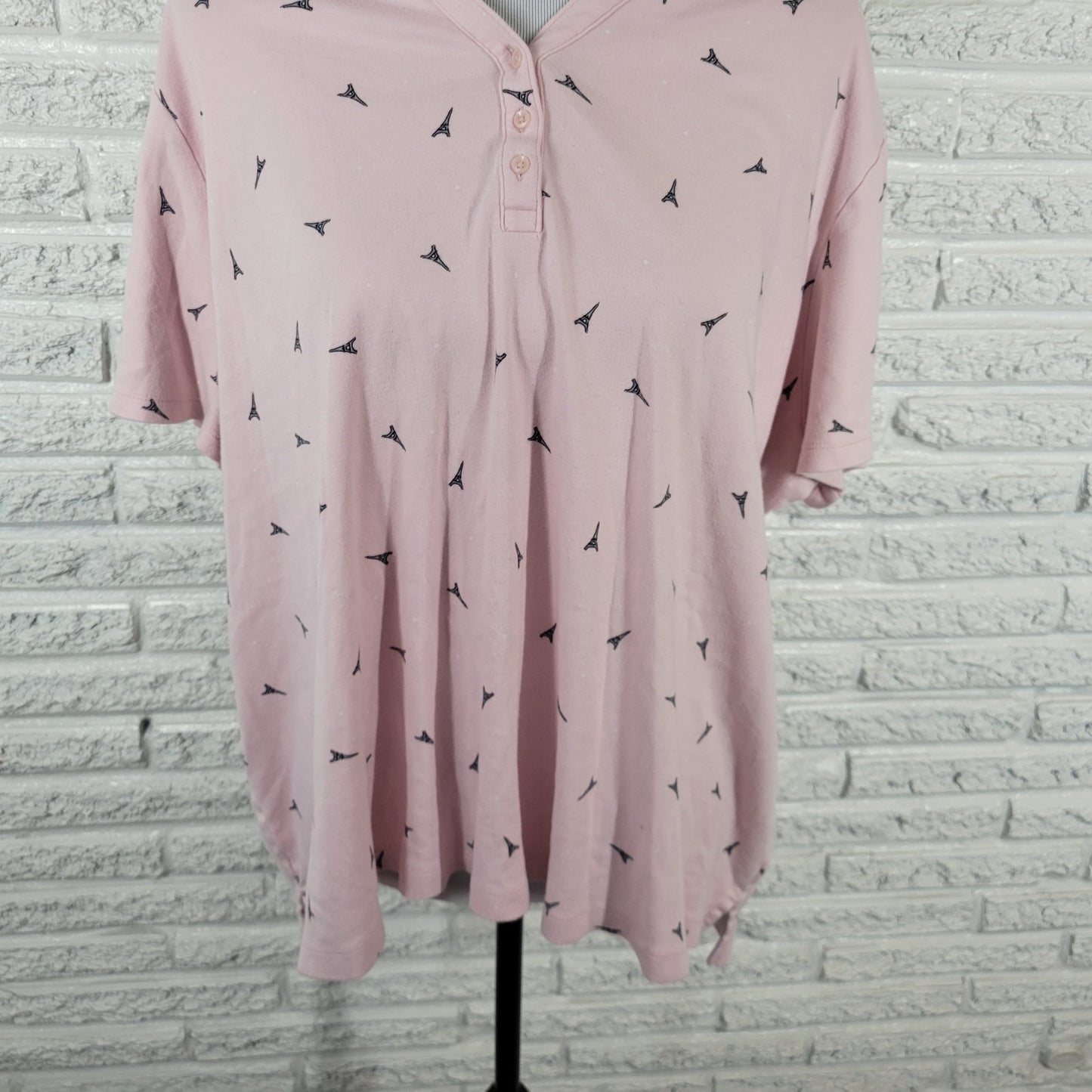 Croft Barrow Womens Top 2X Polo Eiffel Tower Paris France All Over Pink Cotton