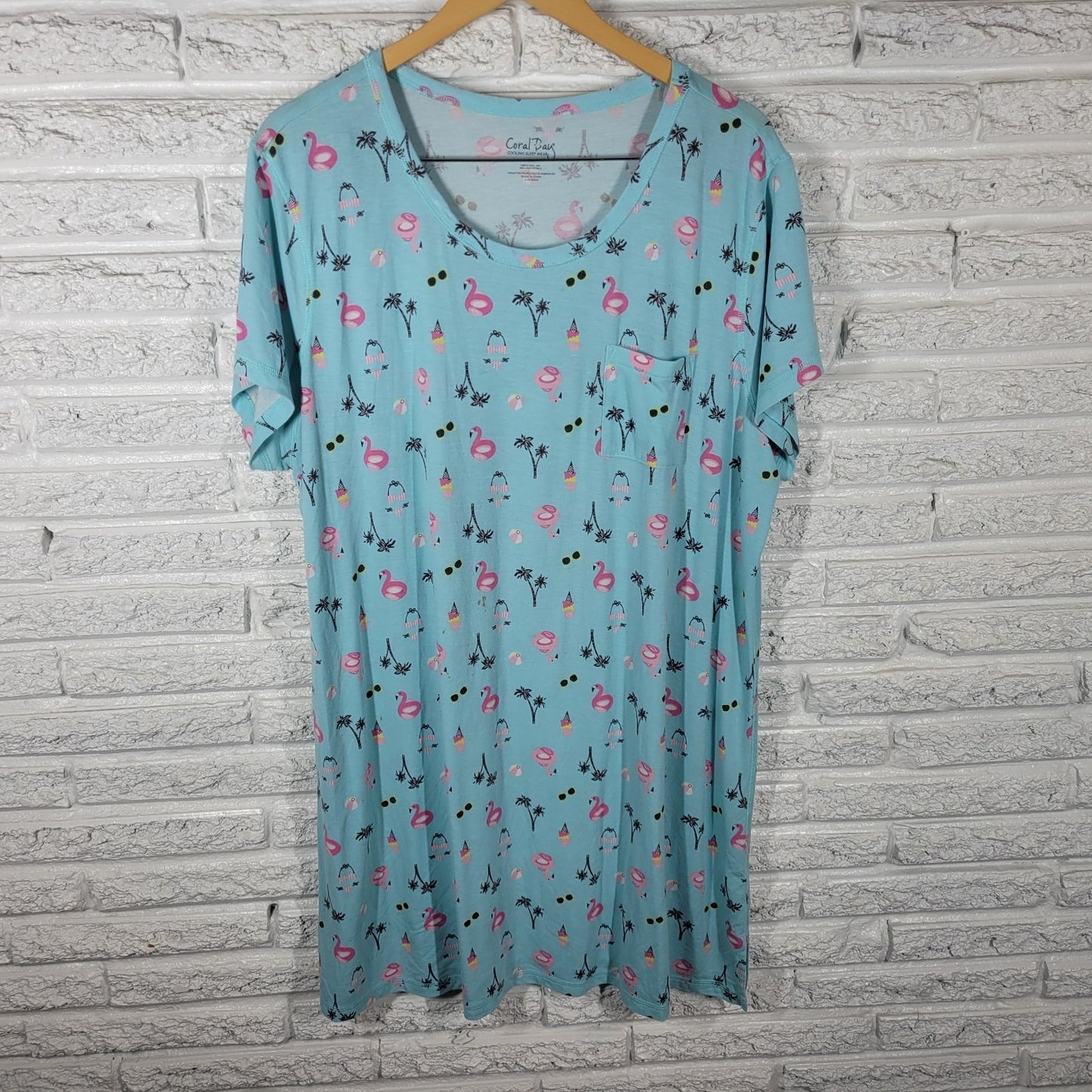 Coral Bay Womens Pajama Top Nightgown 1X Plus Flamingos Blue Loungewear Comfy