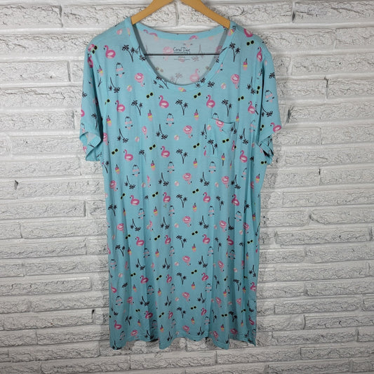 Coral Bay Womens Pajama Top Nightgown 1X Plus Flamingos Blue Loungewear Comfy