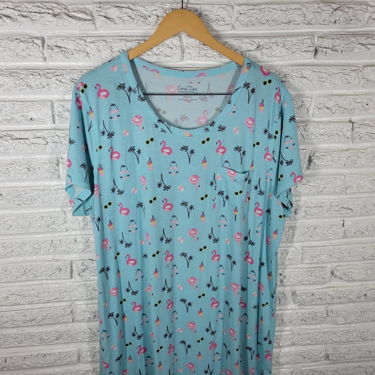 Coral Bay Womens Pajama Top Nightgown 1X Plus Flamingos Blue Loungewear Comfy