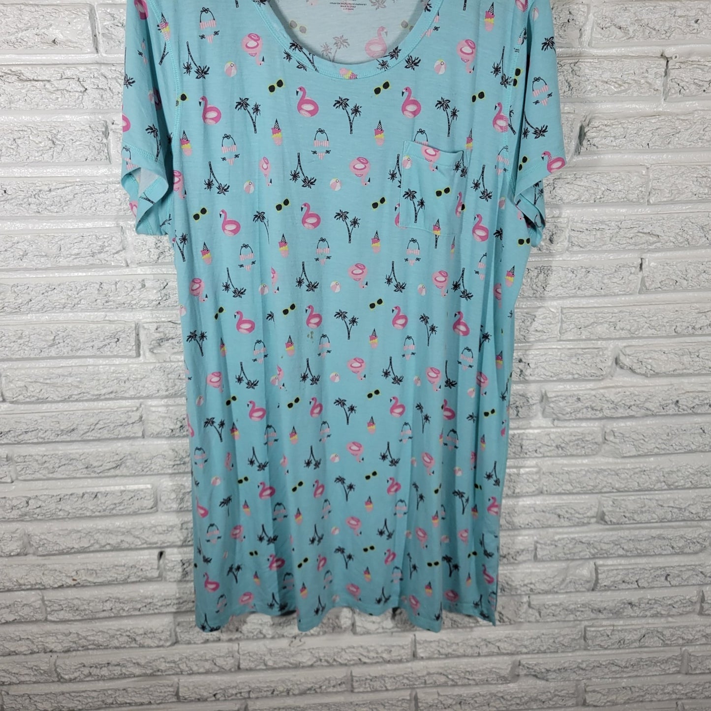 Coral Bay Womens Pajama Top Nightgown 1X Plus Flamingos Blue Loungewear Comfy