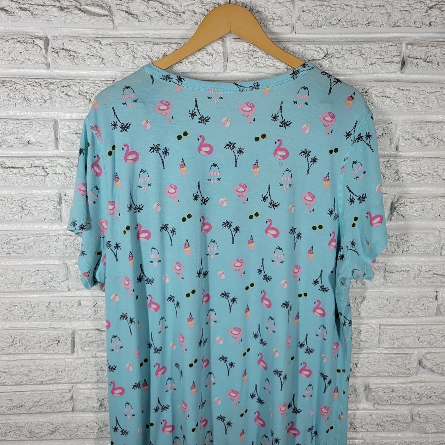 Coral Bay Womens Pajama Top Nightgown 1X Plus Flamingos Blue Loungewear Comfy