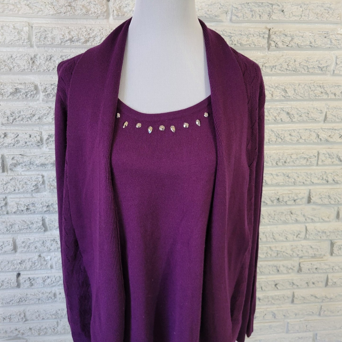 Sag Harbor Womens Sweater 1X Plus Long Sleeve Purple Rhinestones Casual Office