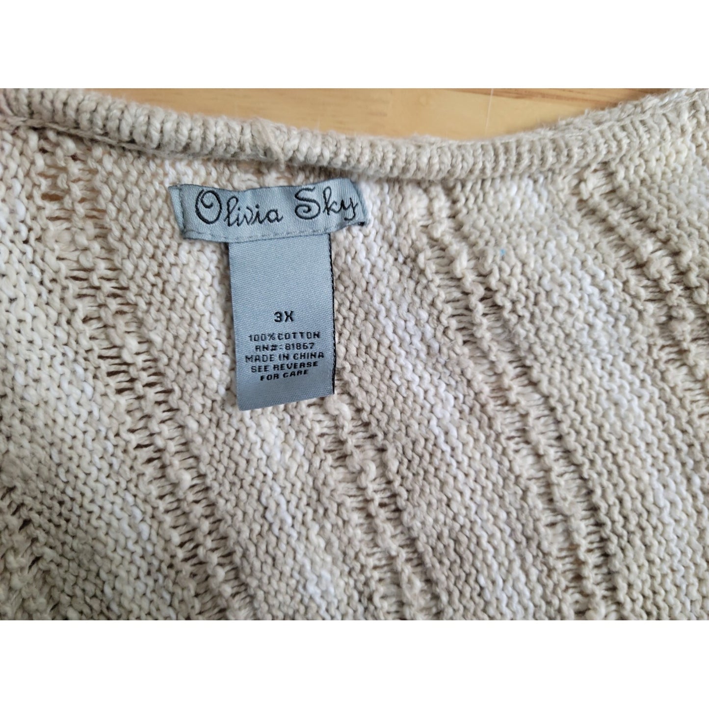 Olivia Sky Women Sweater 3X Plus Cardigan Oversized Open Sleeveless Beige Cotton