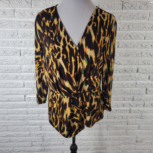 Bold Elements Womens Top Extra Large Long Sleeve Brown Yellow Animal Print