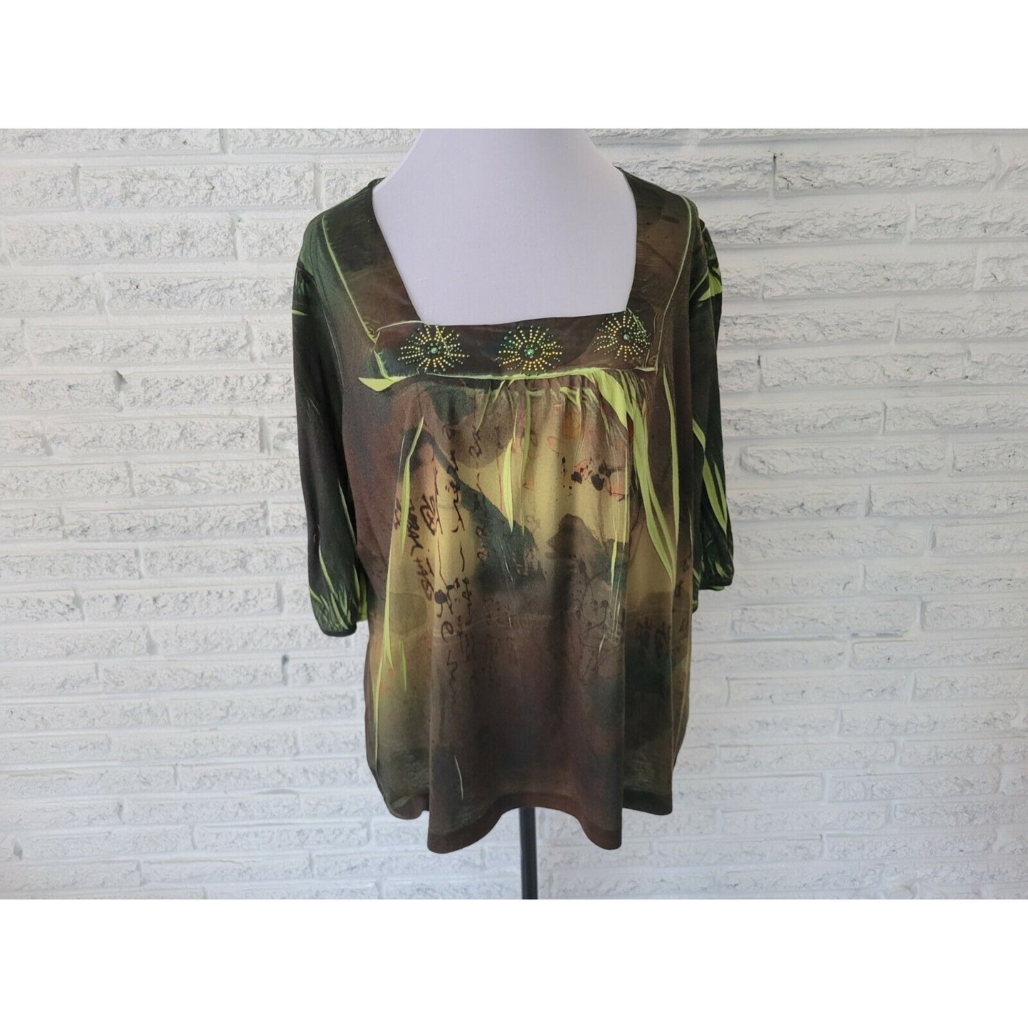 BLEU Womens Top 2X Plus 3/4 Sleeves Green Geometric Sublimation Studded Casual