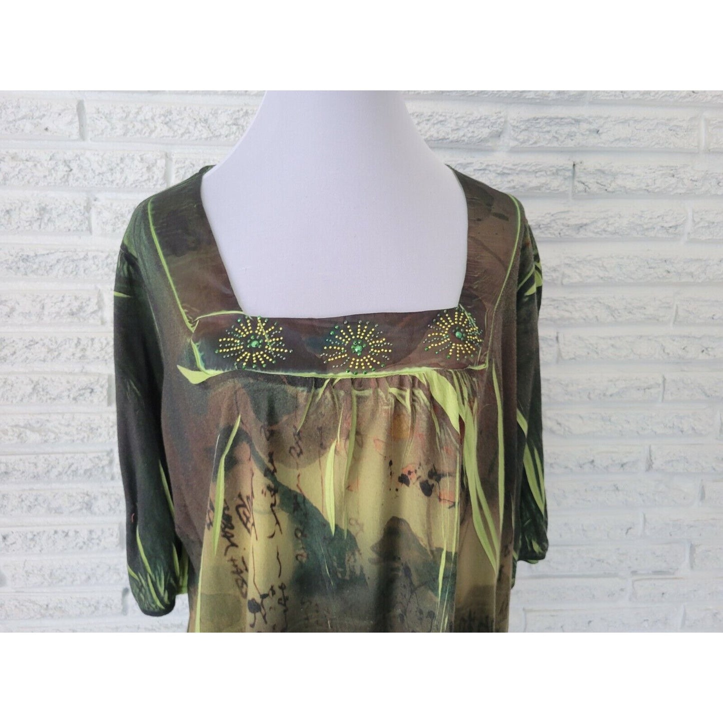 BLEU Womens Top 2X Plus 3/4 Sleeves Green Geometric Sublimation Studded Casual