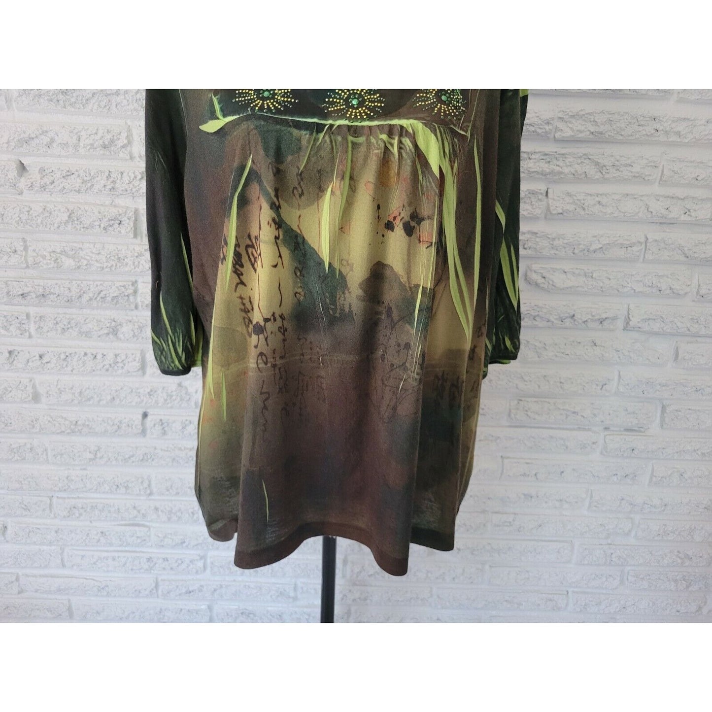 BLEU Womens Top 2X Plus 3/4 Sleeves Green Geometric Sublimation Studded Casual