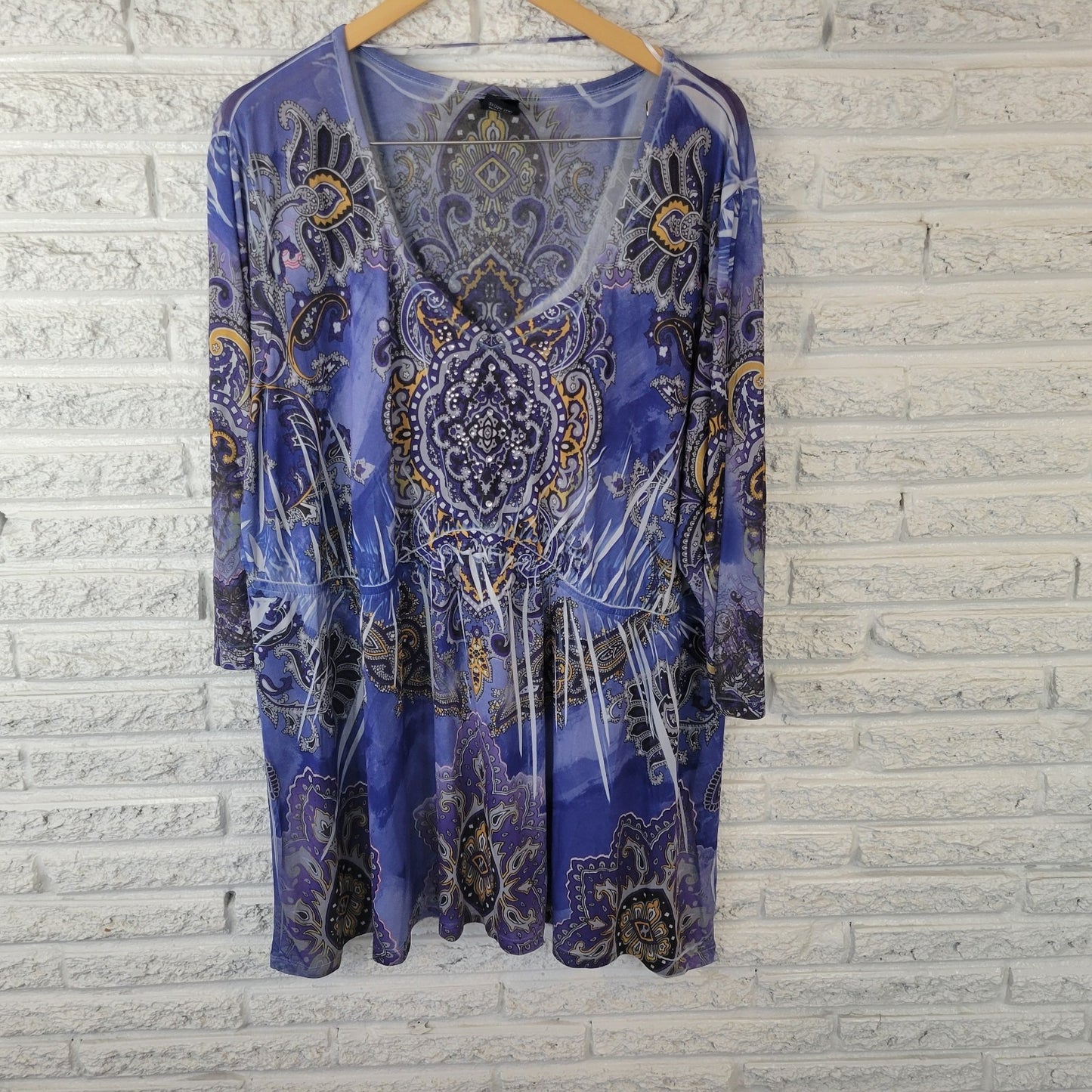 Faded Glory Womens 3X Top Tunic Blue Gold Geometric Rhinestone V-Neck 3/4 Sleeve