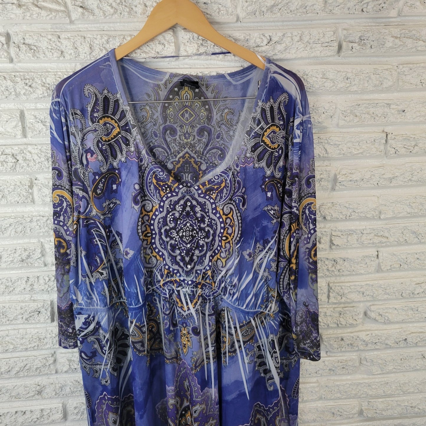 Faded Glory Womens 3X Top Tunic Blue Gold Geometric Rhinestone V-Neck 3/4 Sleeve