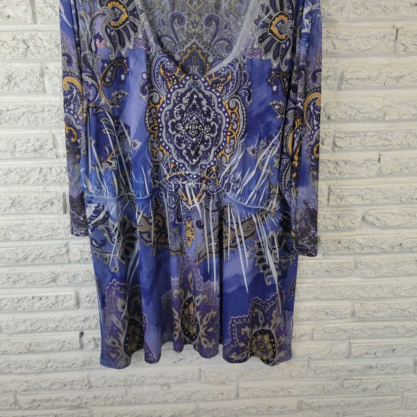 Faded Glory Womens 3X Top Tunic Blue Gold Geometric Rhinestone V-Neck 3/4 Sleeve