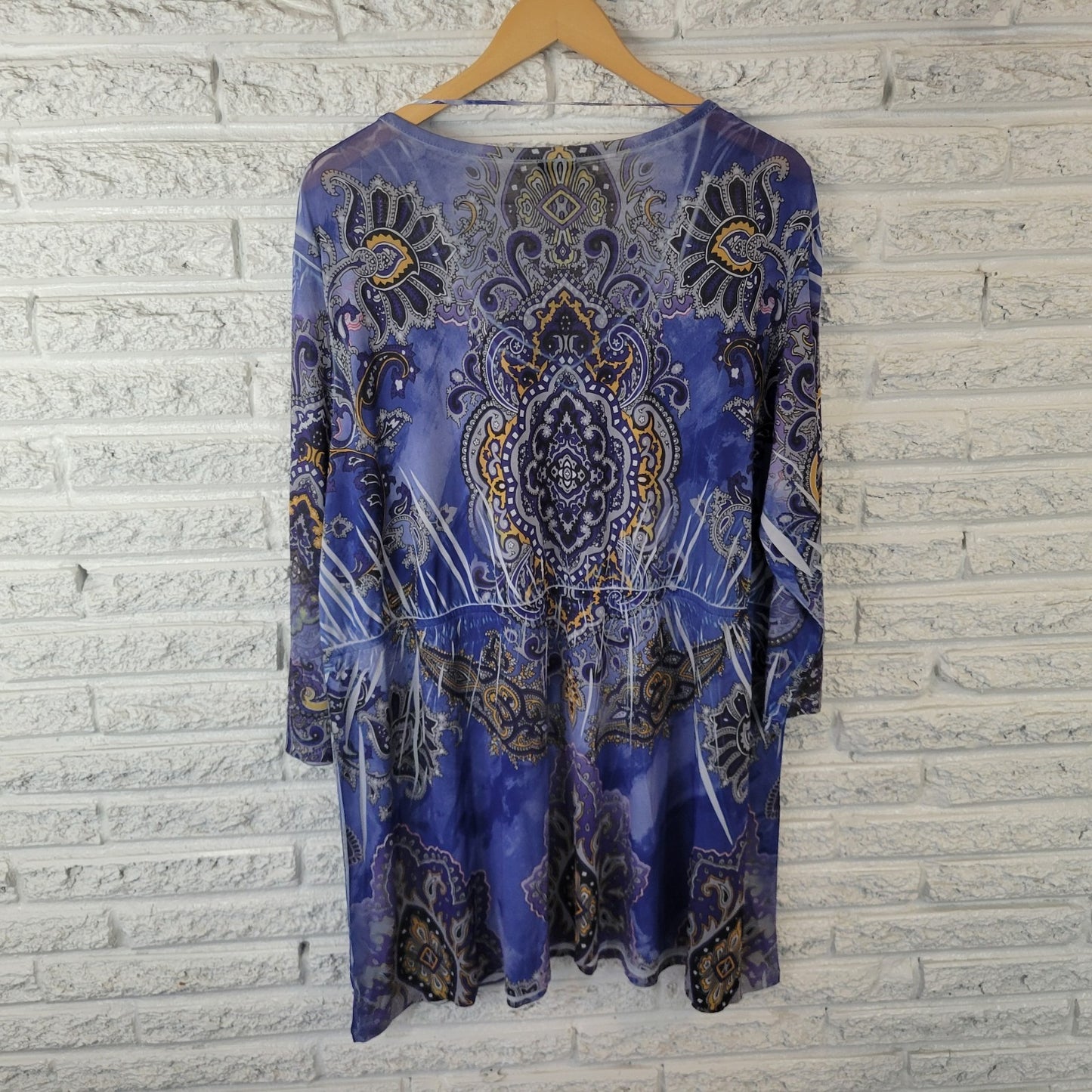 Faded Glory Womens 3X Top Tunic Blue Gold Geometric Rhinestone V-Neck 3/4 Sleeve