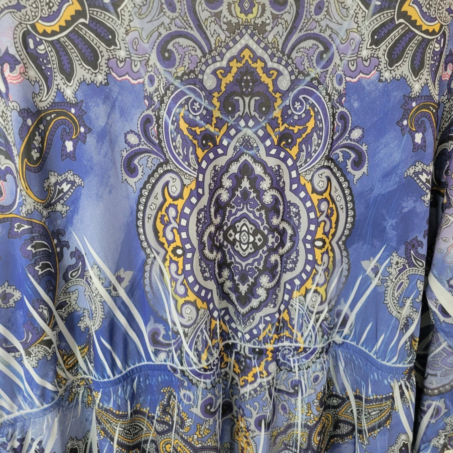 Faded Glory Womens 3X Top Tunic Blue Gold Geometric Rhinestone V-Neck 3/4 Sleeve