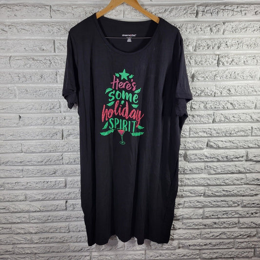 Christmas Dreams Co Women Nightgown 1X 2X Plus Short Sleeve Black Holiday Spirit