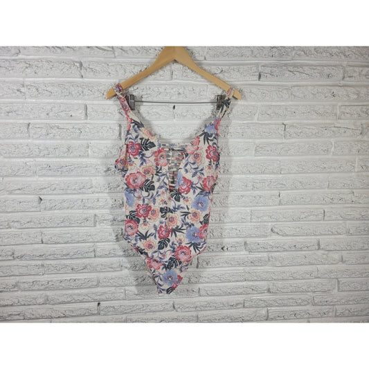 Time Tru Womens Swimsuit 1X Plus One Piece Blue Floral Bra Lined Lattice Plunge