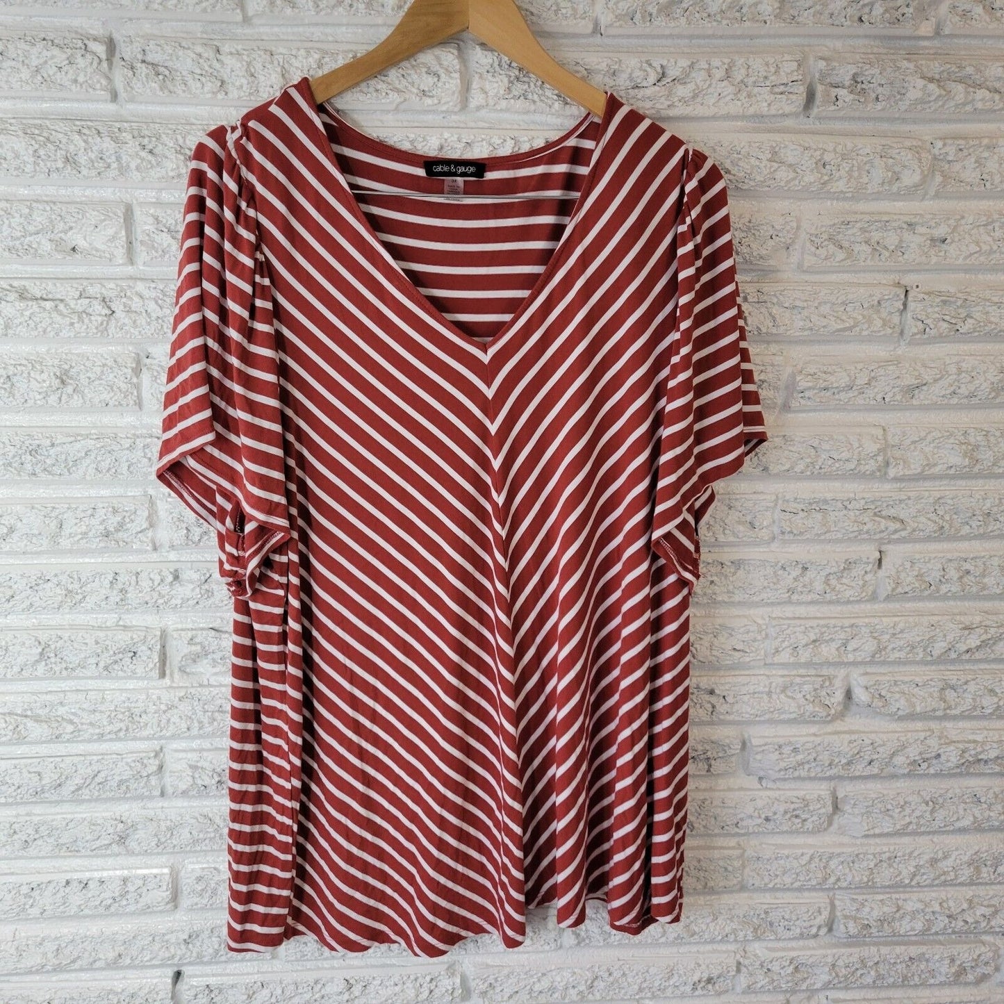 Cable Gauge Womens Top 3X Plus Tee Short Sleeve Burnt Orange Stripe Lightweight