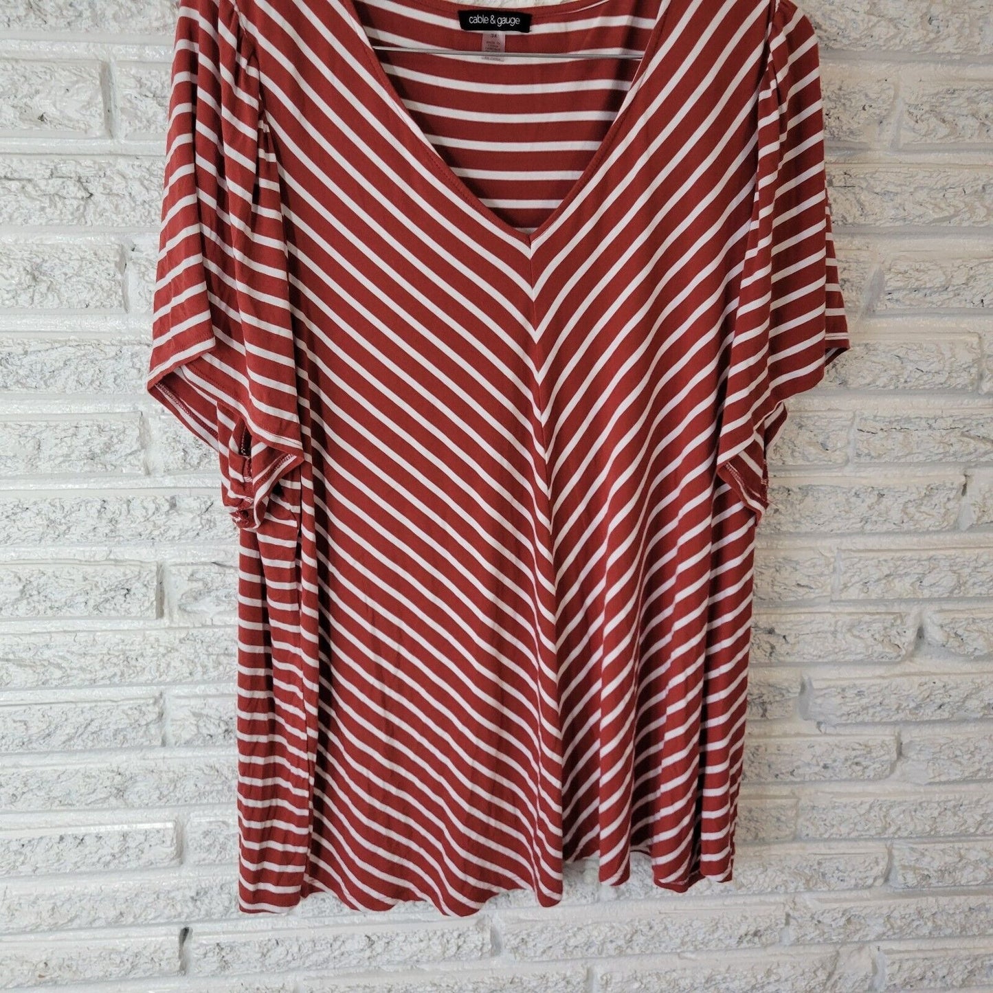 Cable Gauge Womens Top 3X Plus Tee Short Sleeve Burnt Orange Stripe Lightweight