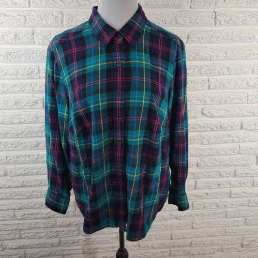 Lands End Women Top 1X Plus Long Sleeve Green Yellow Plaid Casual Flannel Collar
