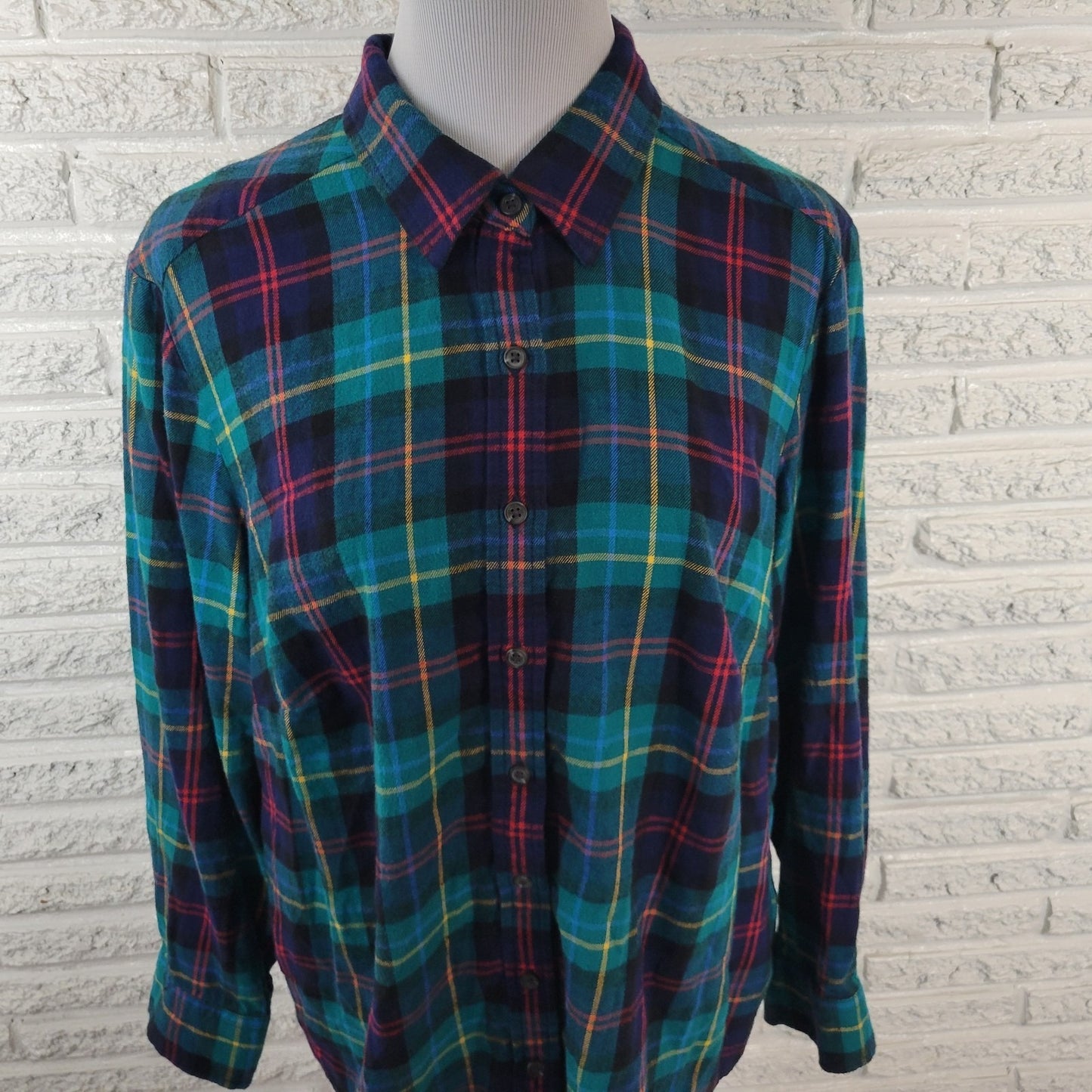 Lands End Women Top 1X Plus Long Sleeve Green Yellow Plaid Casual Flannel Collar