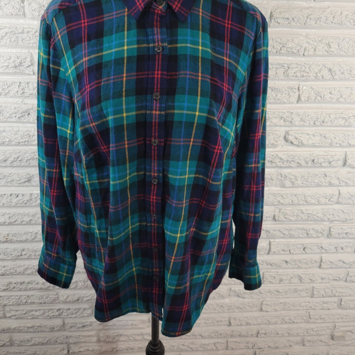 Lands End Women Top 1X Plus Long Sleeve Green Yellow Plaid Casual Flannel Collar