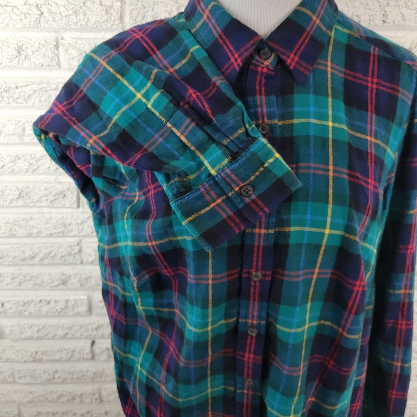 Lands End Women Top 1X Plus Long Sleeve Green Yellow Plaid Casual Flannel Collar