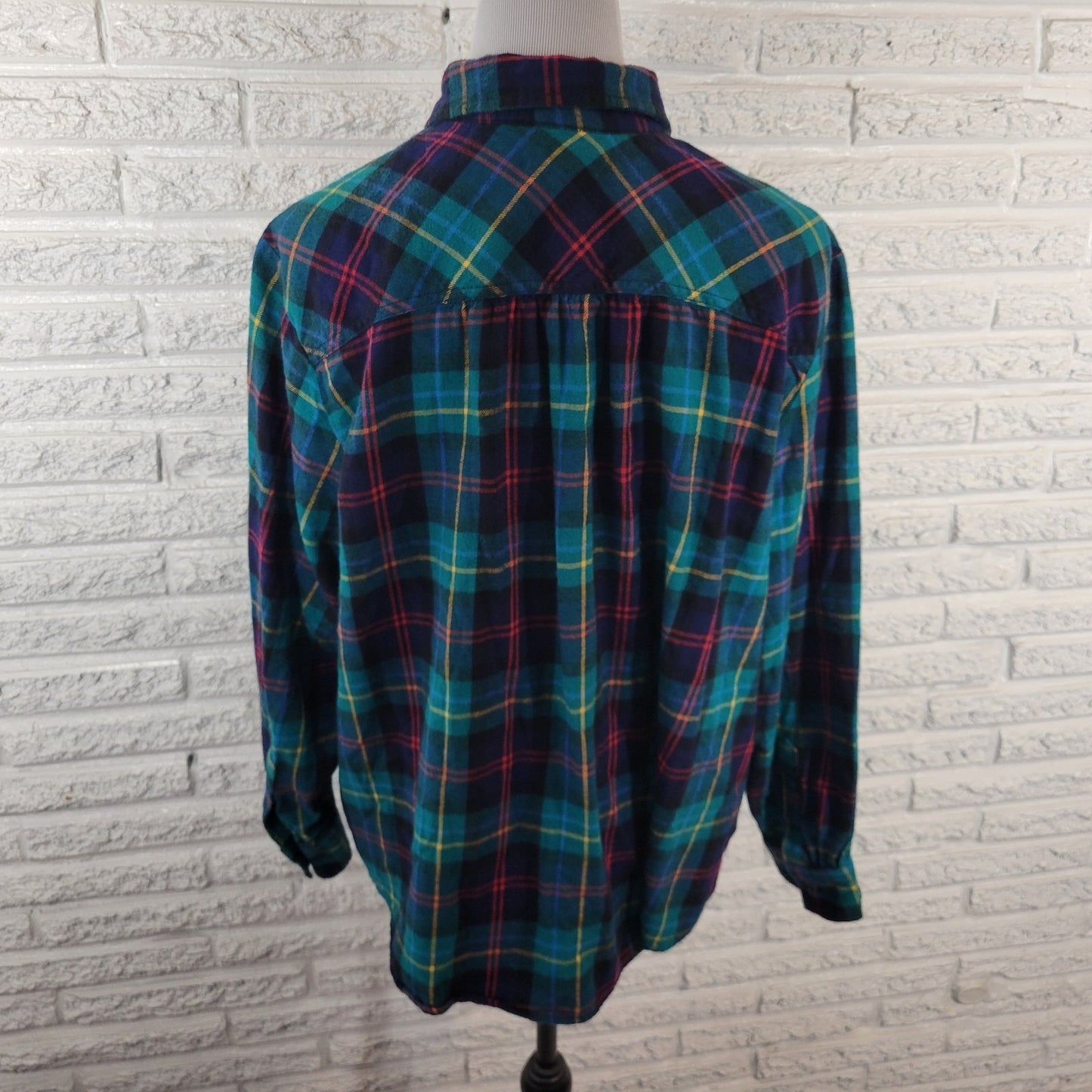 Lands End Women Top 1X Plus Long Sleeve Green Yellow Plaid Casual Flannel Collar