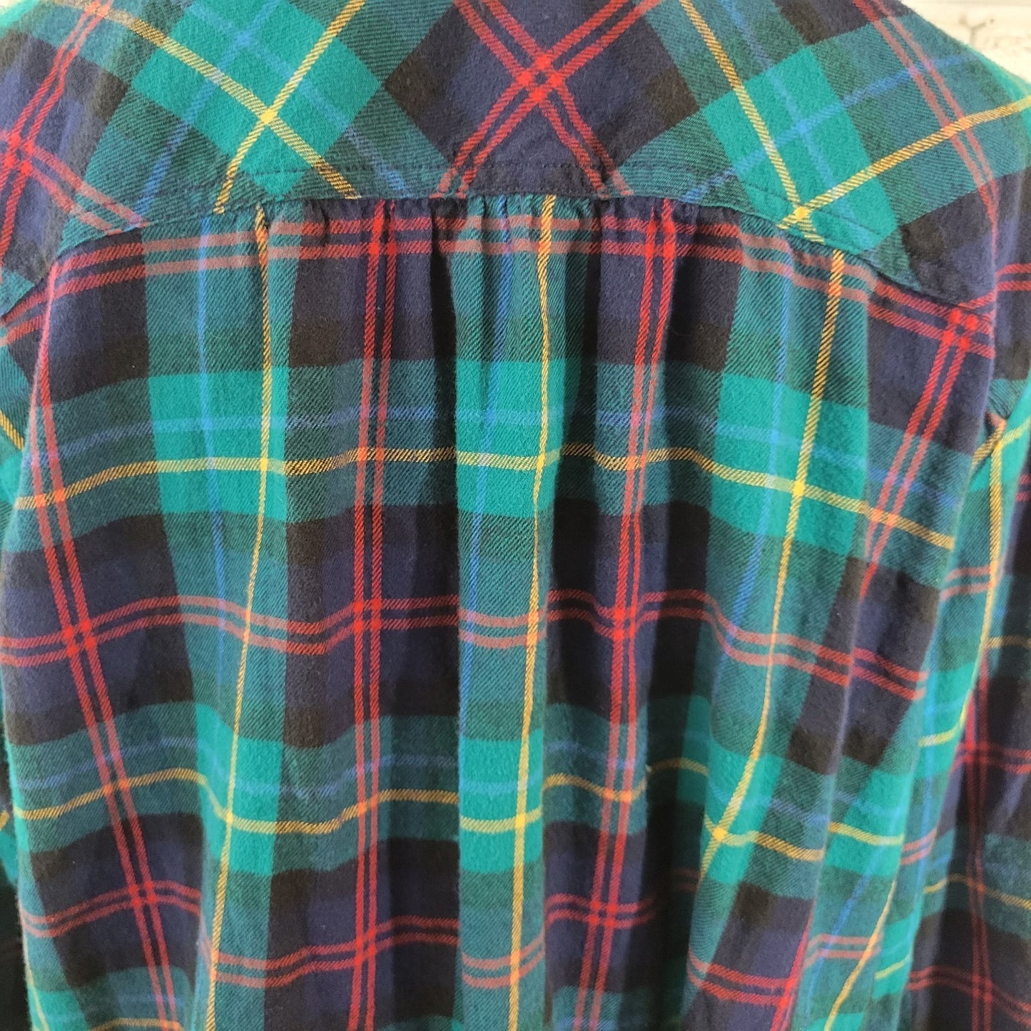 Lands End Women Top 1X Plus Long Sleeve Green Yellow Plaid Casual Flannel Collar