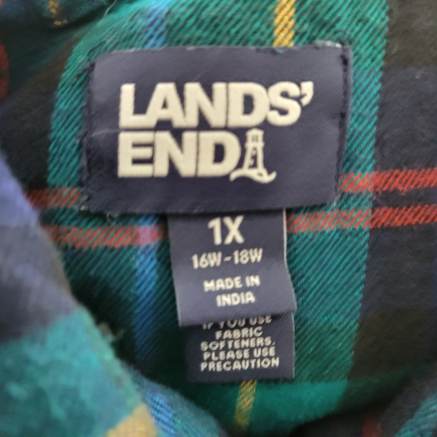 Lands End Women Top 1X Plus Long Sleeve Green Yellow Plaid Casual Flannel Collar