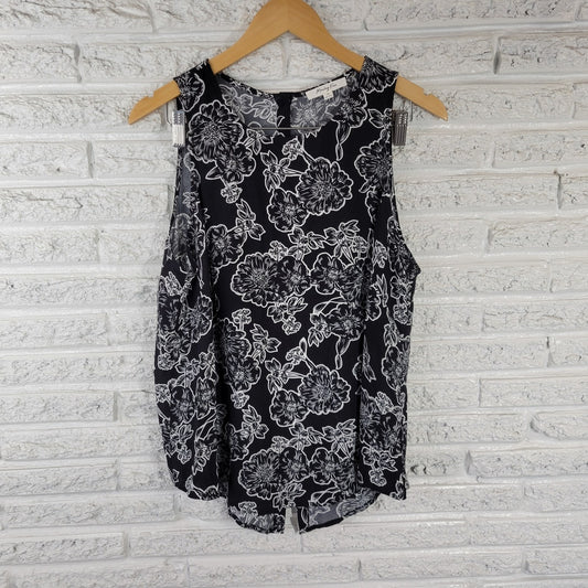 Monday Fun Women's 1X Black White Floral Sleeveless Swing Top Split Back FLO315E