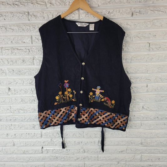 Victoria Jones Womens Vest 3X Plus Blue Embroidered Scarecrow Birdhouse Cotton