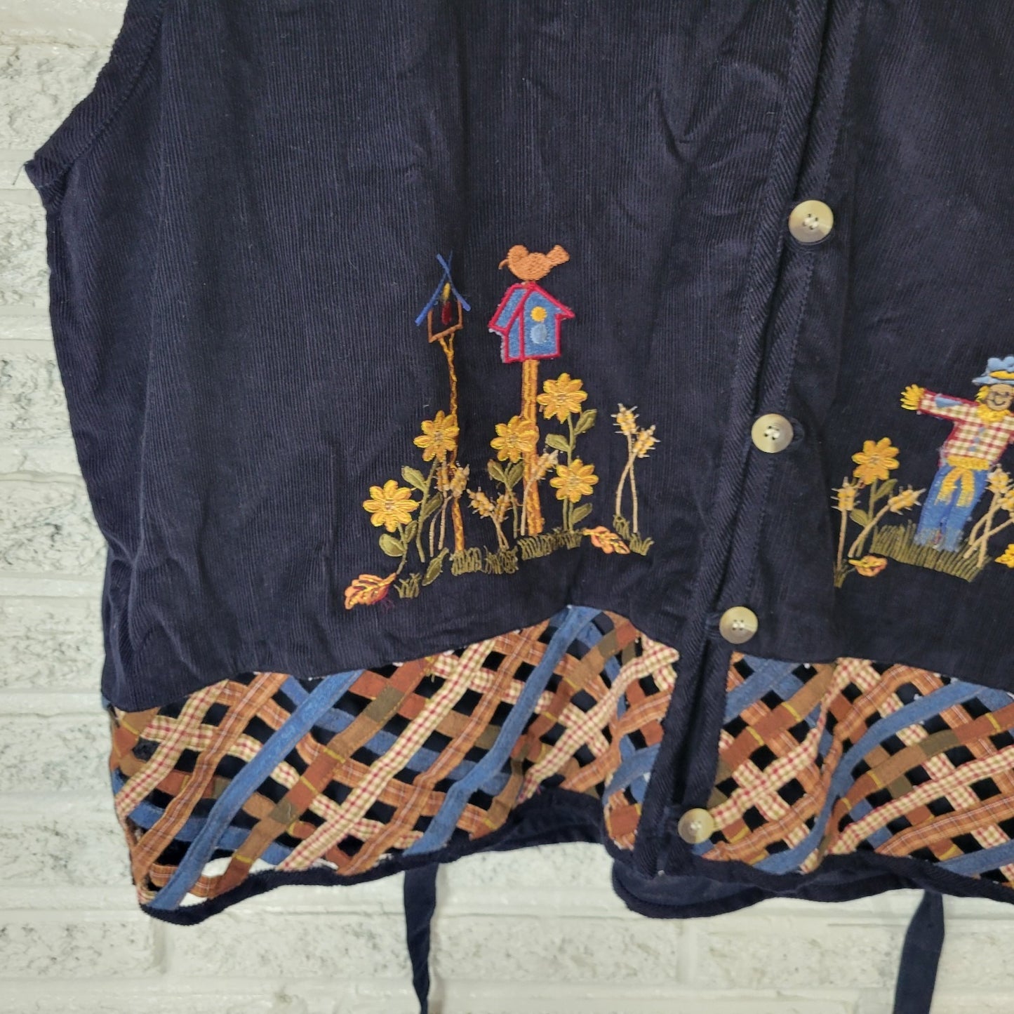Victoria Jones Womens Vest 3X Plus Blue Embroidered Scarecrow Birdhouse Cotton