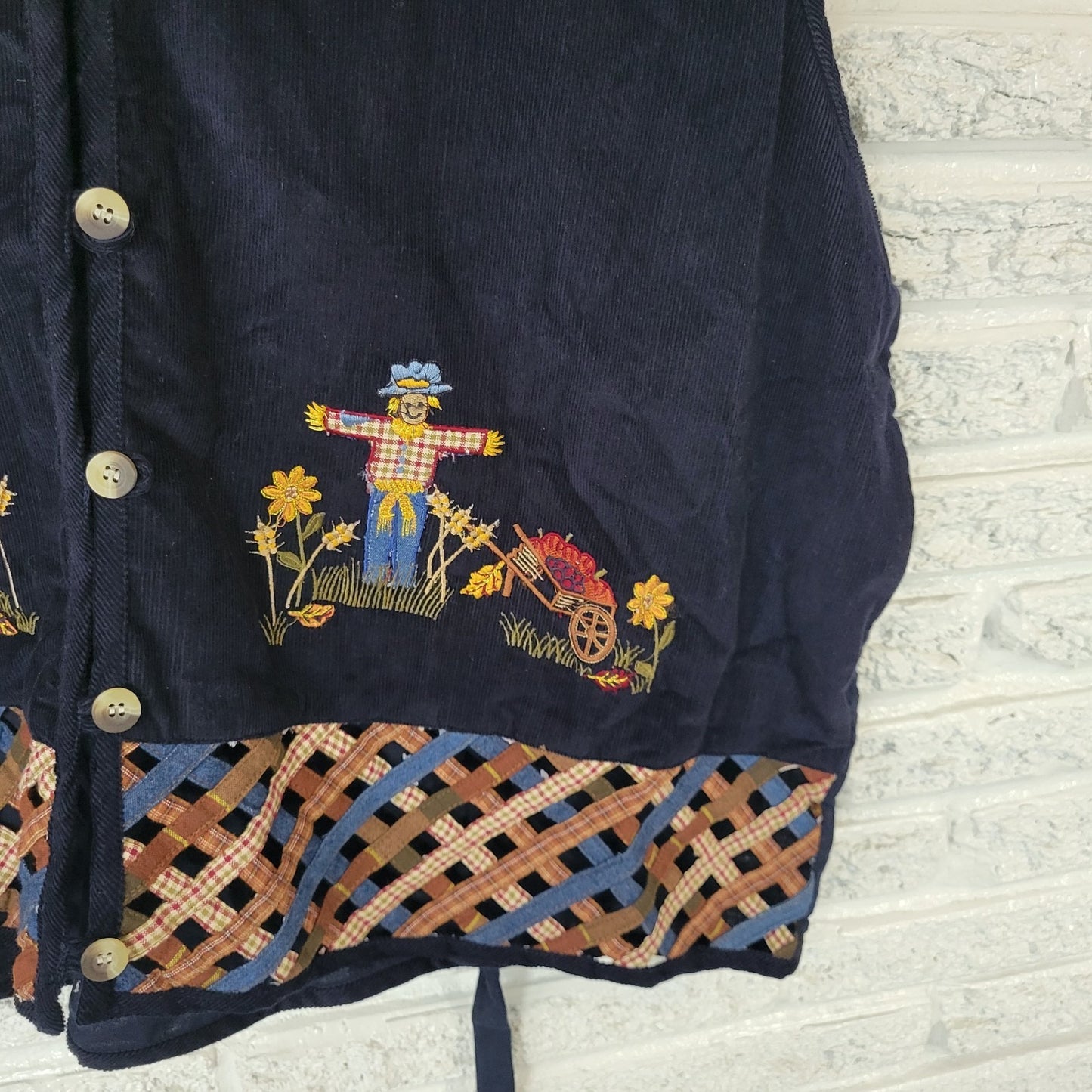 Victoria Jones Womens Vest 3X Plus Blue Embroidered Scarecrow Birdhouse Cotton
