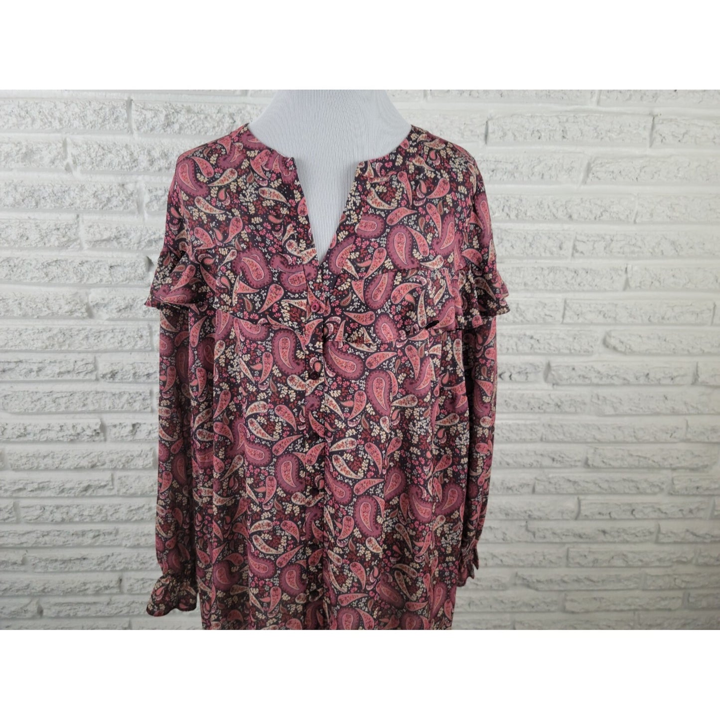 Evans Womens Shirt 26 Plus Long Sleeve Ruffle Button Burgundy Paisley Career