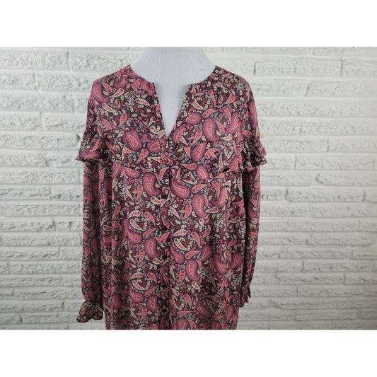 Evans Womens Shirt 26 Plus Long Sleeve Ruffle Button Burgundy Paisley Career