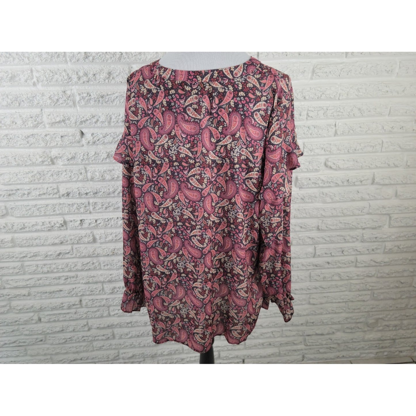 Evans Womens Shirt 26 Plus Long Sleeve Ruffle Button Burgundy Paisley Career
