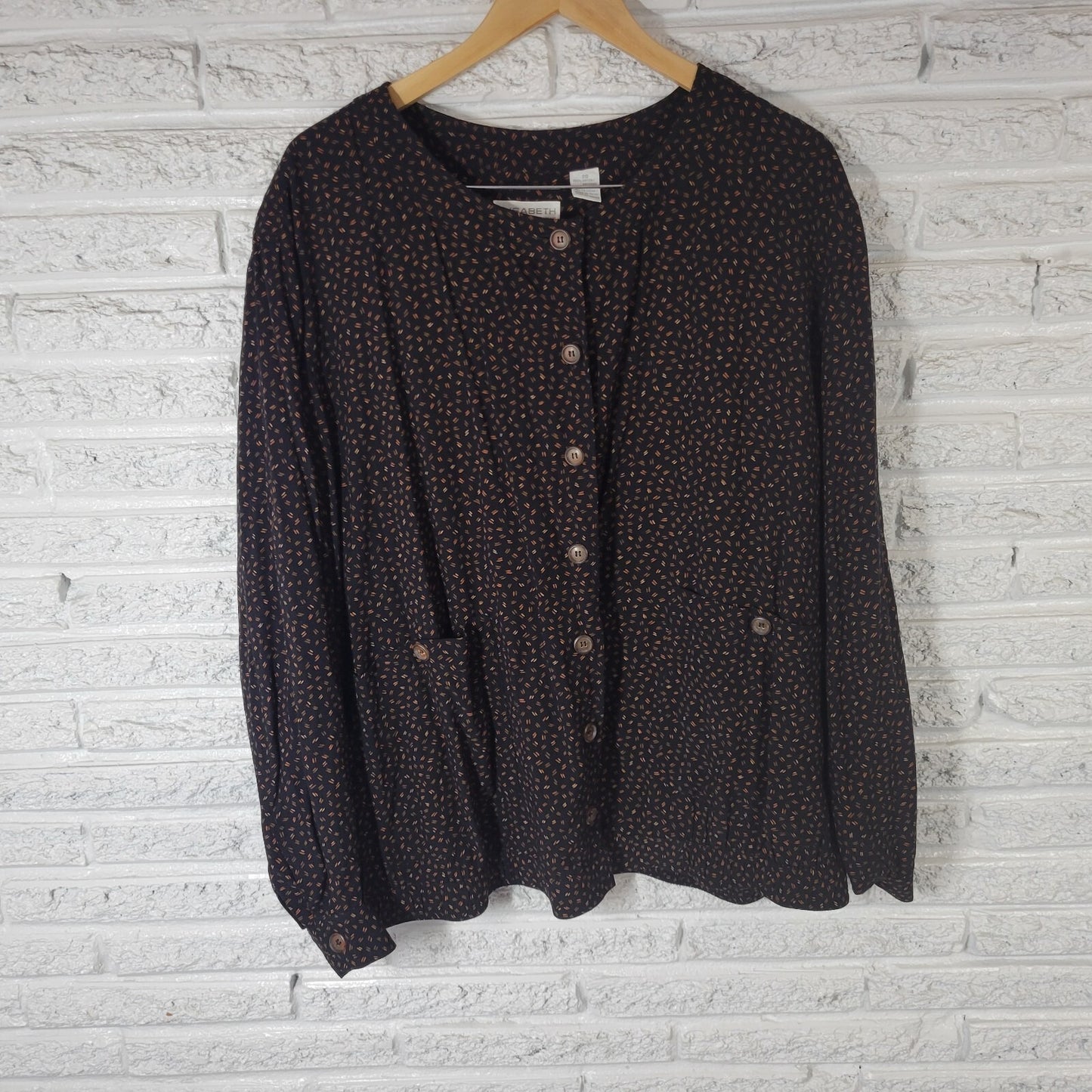 Liz Claiborne Elisabeth Womens Top 20 Smock Long Sleeve Black Geometric Rayon