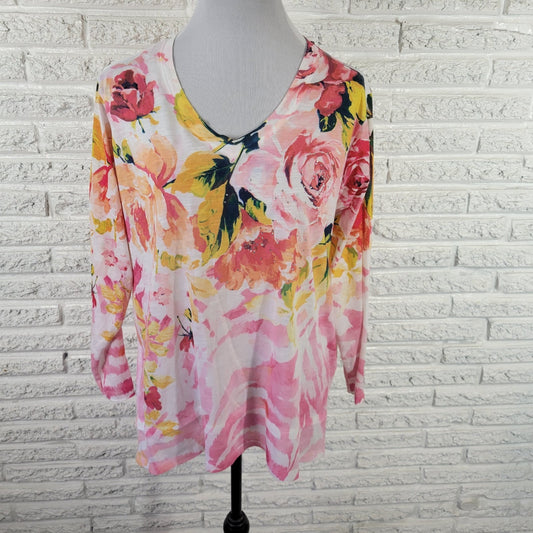 Concepts Womens Top XXL 20 Plus Tee Long Sleeve Pink Floral Rhinestone Casual
