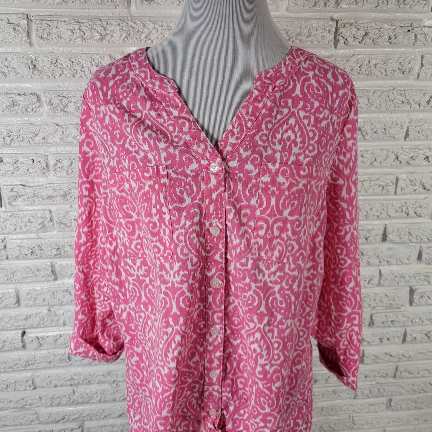 Coral Bay Womens Top 1X Plus Roll Tab Sleeve Pink Geometric Buttons Linen Rayon