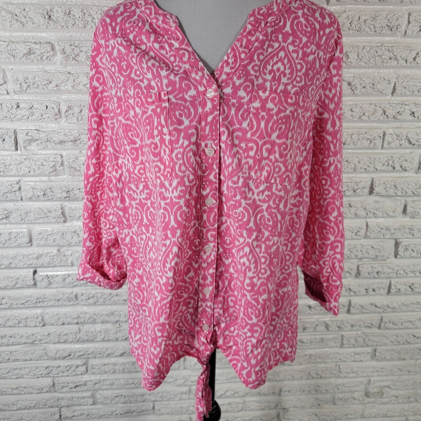 Coral Bay Womens Top 1X Plus Roll Tab Sleeve Pink Geometric Buttons Linen Rayon