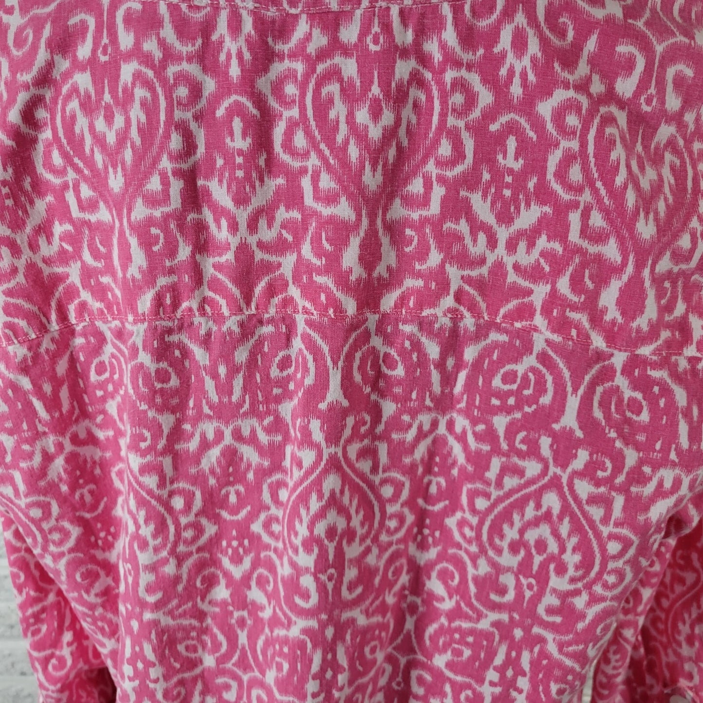 Coral Bay Womens Top 1X Plus Roll Tab Sleeve Pink Geometric Buttons Linen Rayon