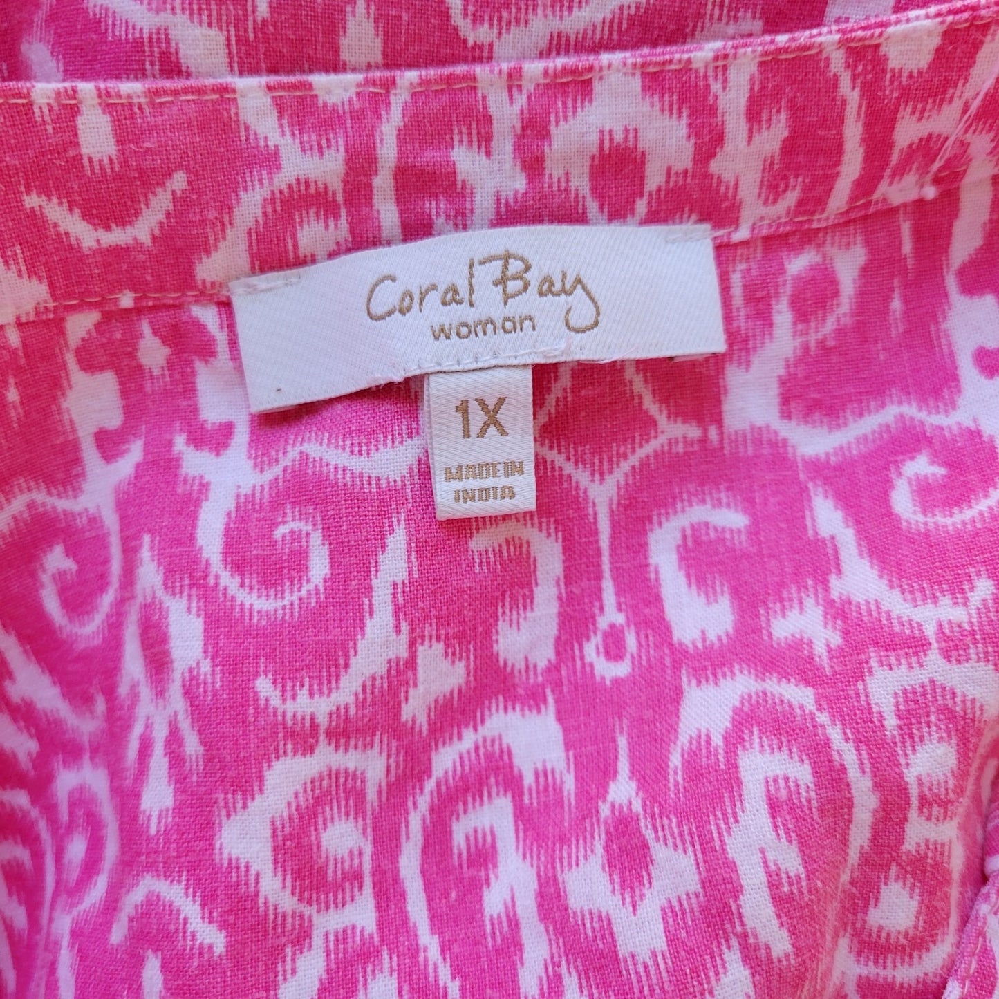 Coral Bay Womens Top 1X Plus Roll Tab Sleeve Pink Geometric Buttons Linen Rayon