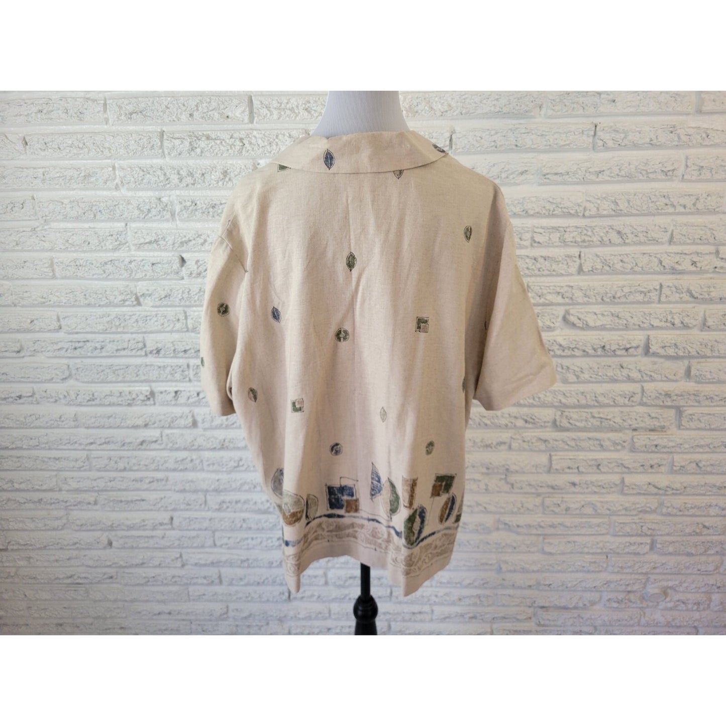 Maggie Barnes Womens Shirt 24WP Plus Short Sleeve Beige Abstract Linen Rayon